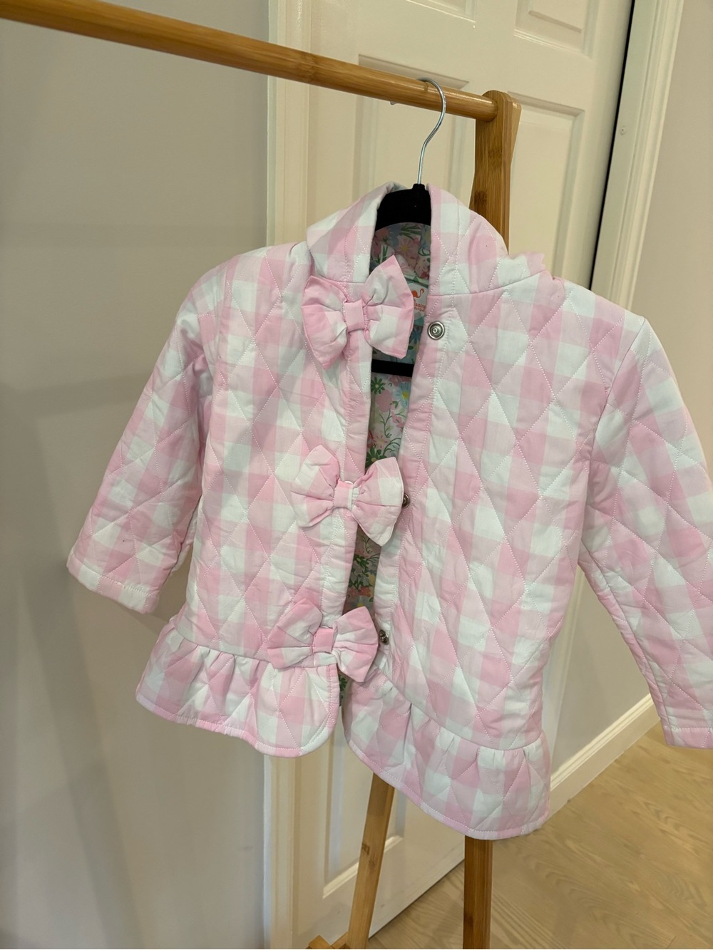 Girls Quilted Smocked Flamingo Pink & White Bow-Front Jacket